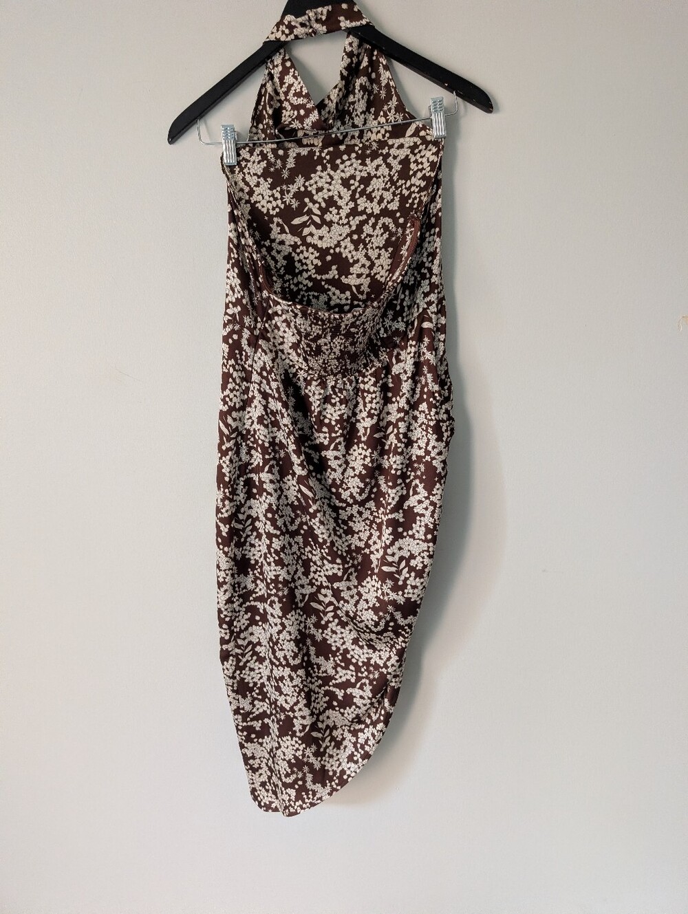 Heartloom Chocolate Brown Floral Halter Midi Dress Size M Asymmetrical Hem - Picture 2 of 8